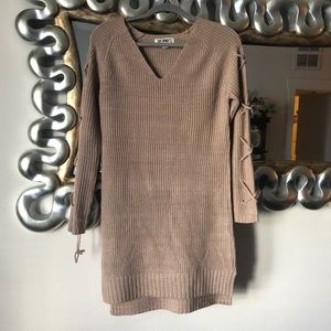 EUC Tan Lace Up Sleeve Tunic Sweater